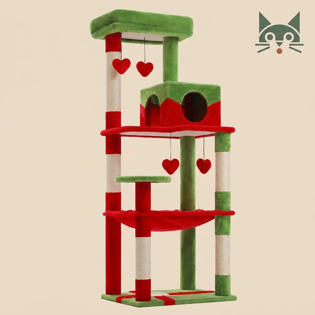 gros arbre à chat rouge et vert avec niche, hamac et jouets suspendus pour chat actif  