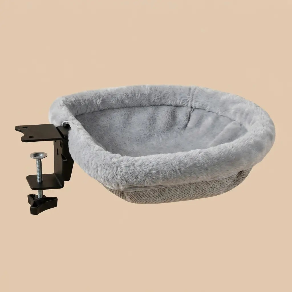 hamac chat suspendu pour bureau gris avec attache
