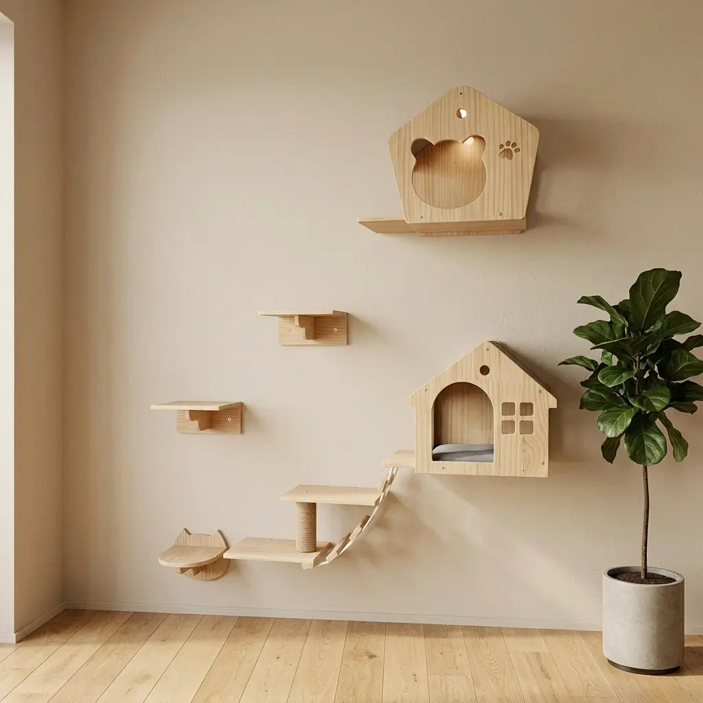 hamac mural pour chat minimaliste bois niches murales design epure interieur chat