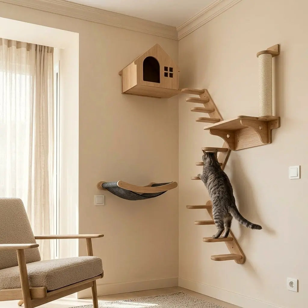 hamac mural pour chat parcours mural bois design escalier mur plateforme chat interieur