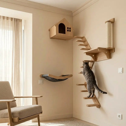 hamac mural pour chat parcours mural bois design escalier mur plateforme chat interieur