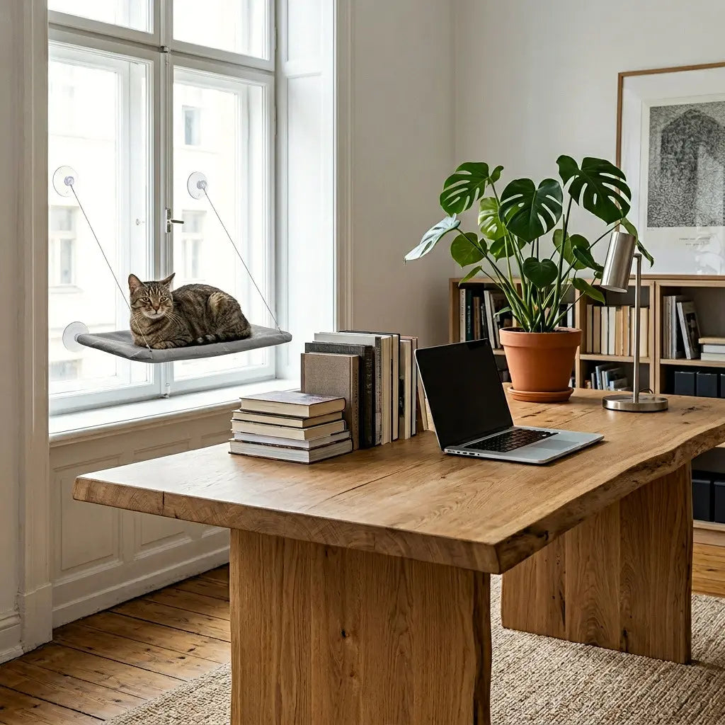 hamac pour chat ventouse installe sur fenetre dans un bureau pour espace repos en hauteur