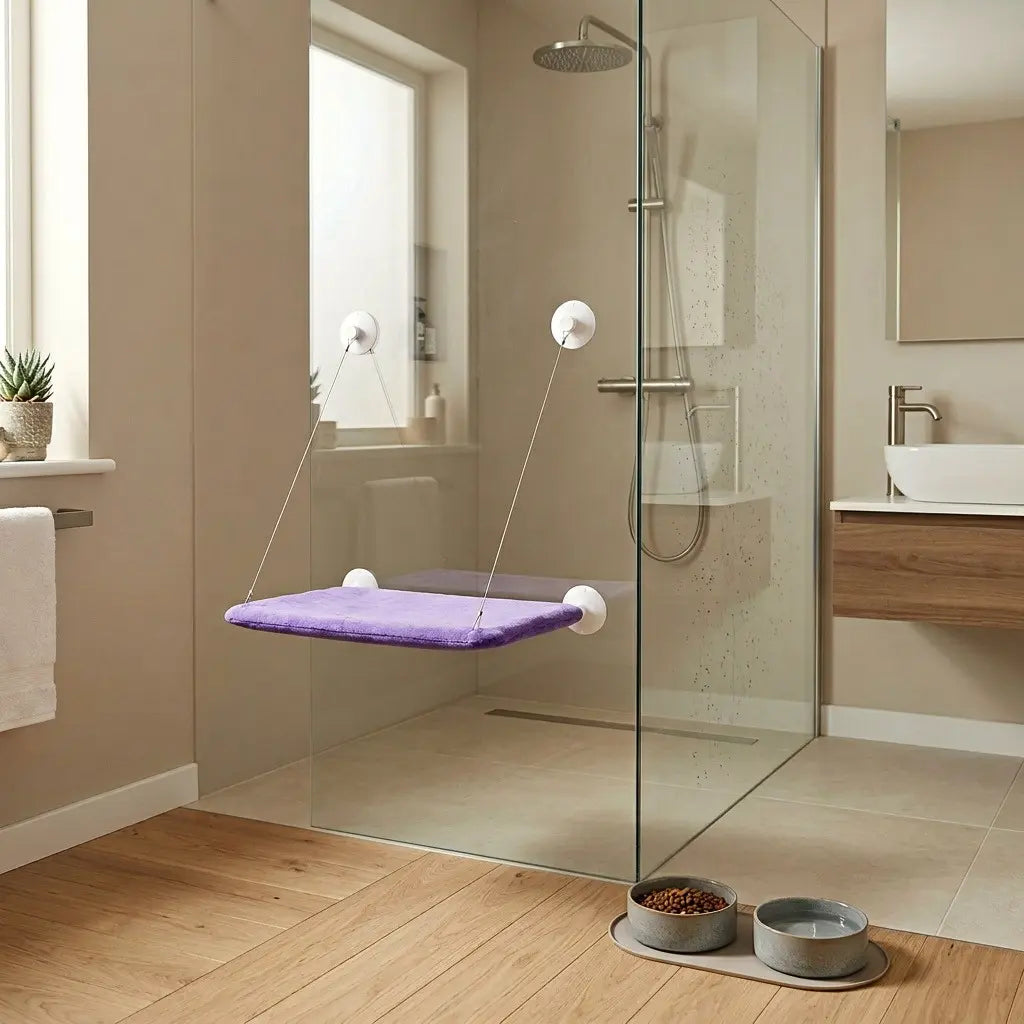 hamac pour chat ventouse fixe sur vitre de salle de bain avec coussin confortable