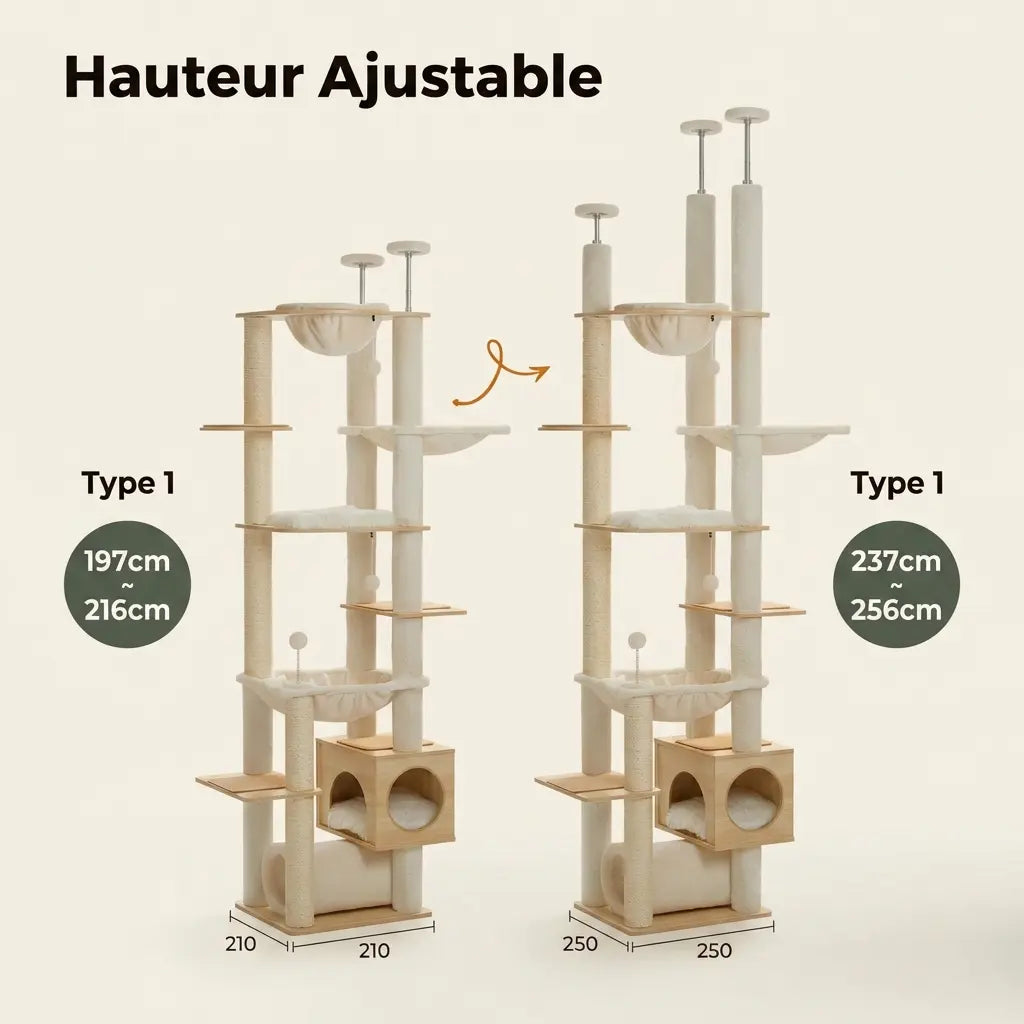 Arbre à chat au plafond ajustable bois et crème avec double niche, hamacs suspendus, plateformes et griffoirs en sisal