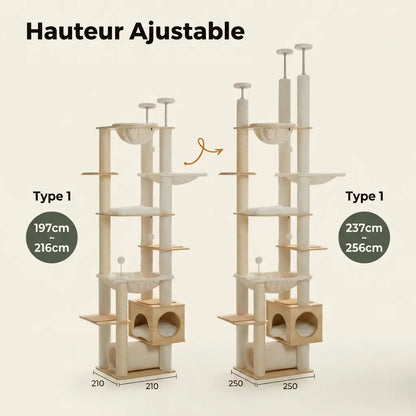 Arbre à chat au plafond ajustable bois et crème avec double niche, hamacs suspendus, plateformes et griffoirs en sisal