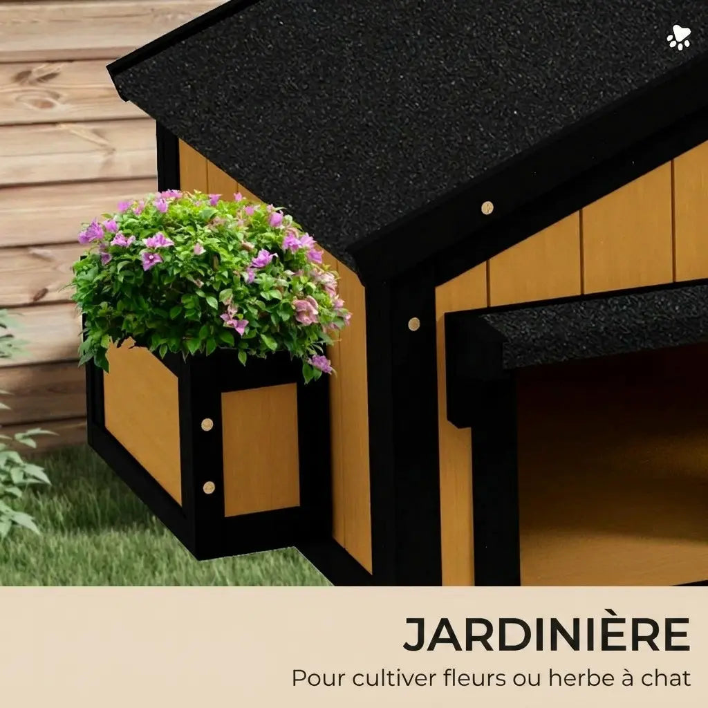 Jardinière intégrée sur maison chat extérieur en bois pour cultiver fleurs ou herbe à chat.