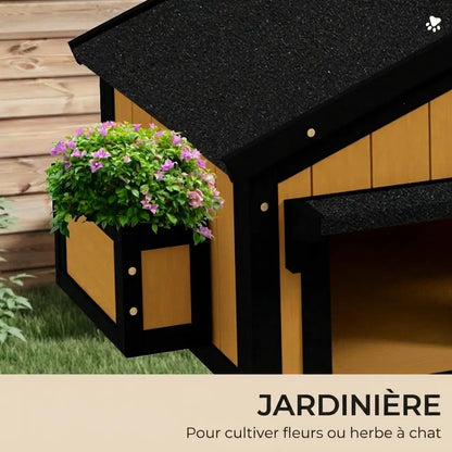 Jardinière intégrée sur maison chat extérieur en bois pour cultiver fleurs ou herbe à chat.