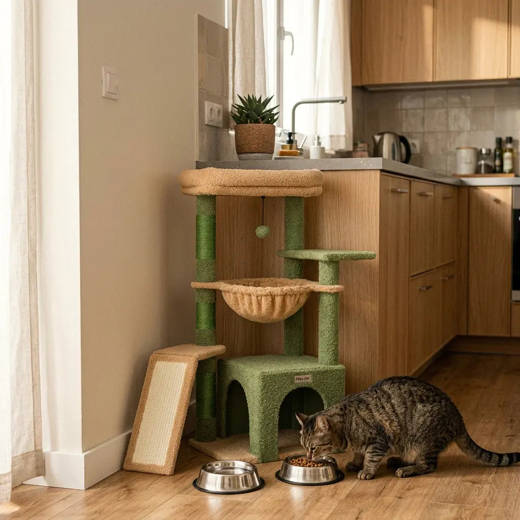 Arbre à chat soldes compact avec niche, hamac suspendu, plateforme de repos et griffoir intégré dans une cuisine