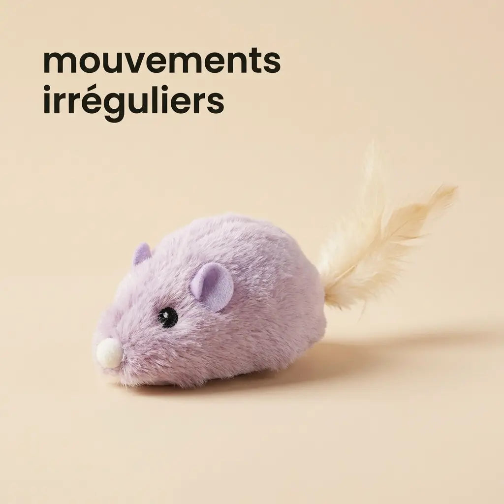 Jeu souris pour chat interactif violet avec plume, jouet stimulant pour chats actifs et joueurs
