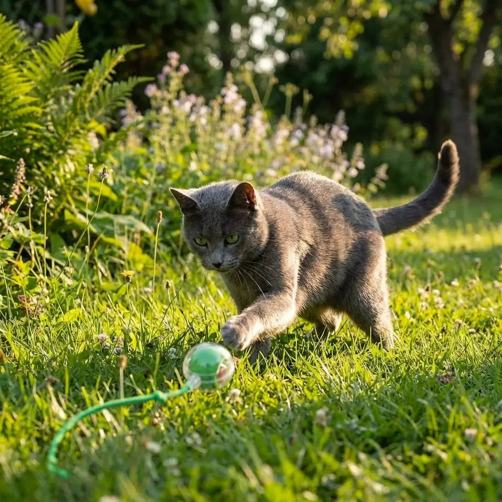 chat jouant avec un jouet chat automatique balle interactive dans le jardin