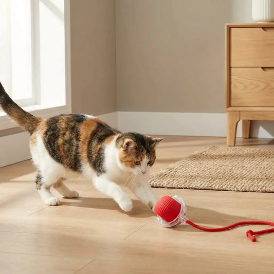 chat jouant avec un jouet chat automatique balle rouge avec corde interactive