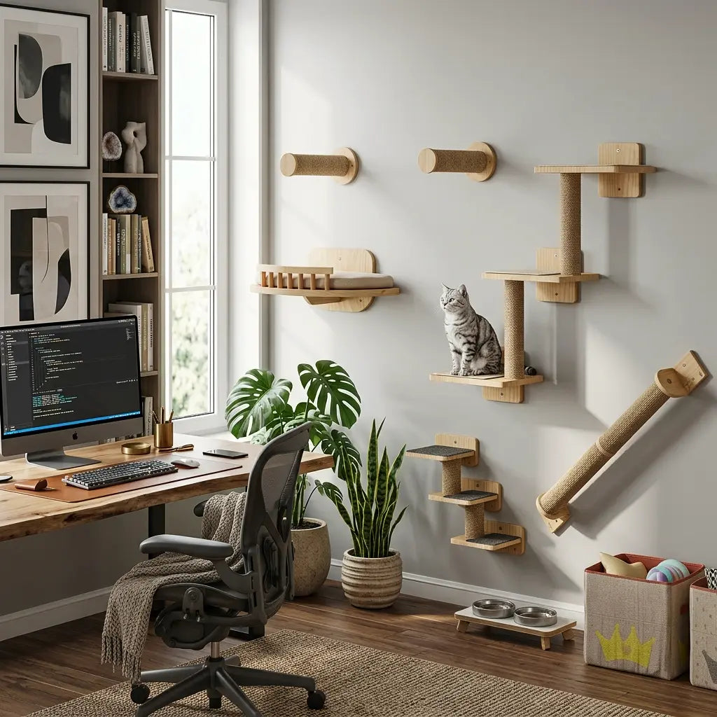 kit arbre à chat mural design en bois installé dans un bureau moderne avec chat
