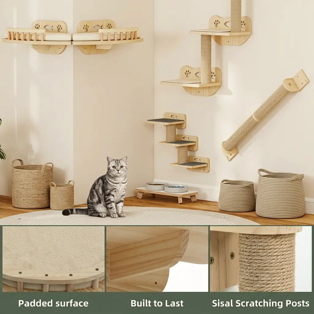 kit arbre à chat mural avec surfaces rembourrées bois solide et poteaux en sisal