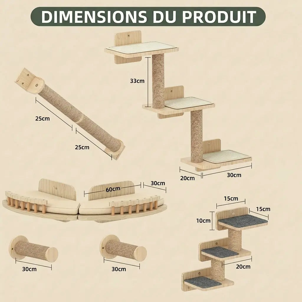 dimensions kit arbre à chat mural avec plateformes et griffoirs en bois