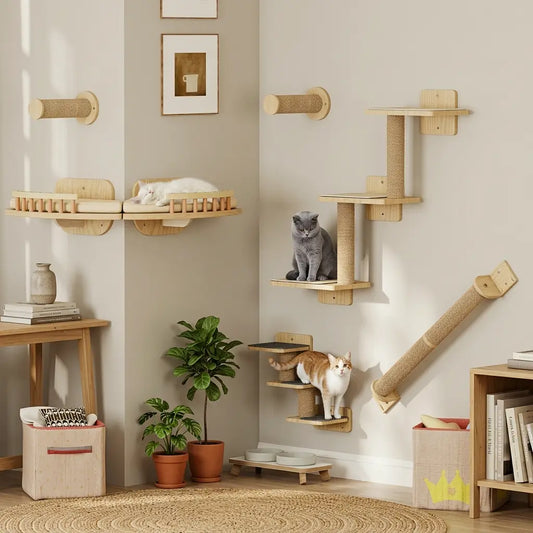 kit arbre à chat mural avec plusieurs chats utilisant les plateformes murales