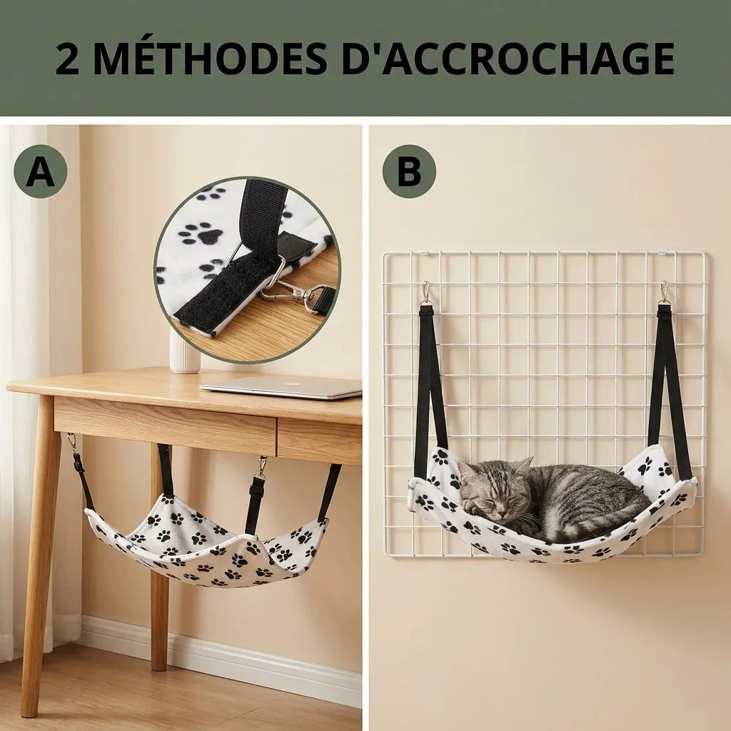 lit suspendu pour chat avec deux methodes de fixation sous meuble et murale pour installation facile