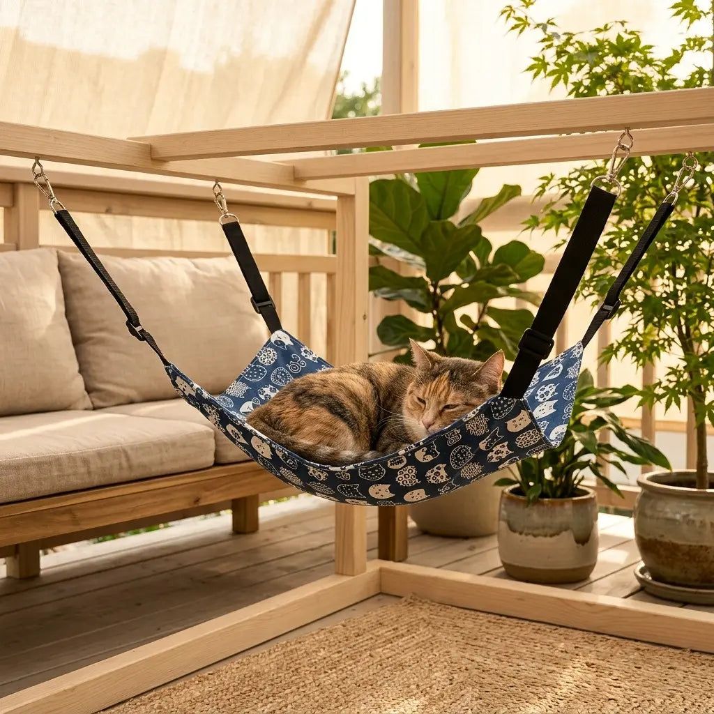 lit suspendu pour chat en exterieur avec motif bleu et chat relaxe dans un hamac suspendu
