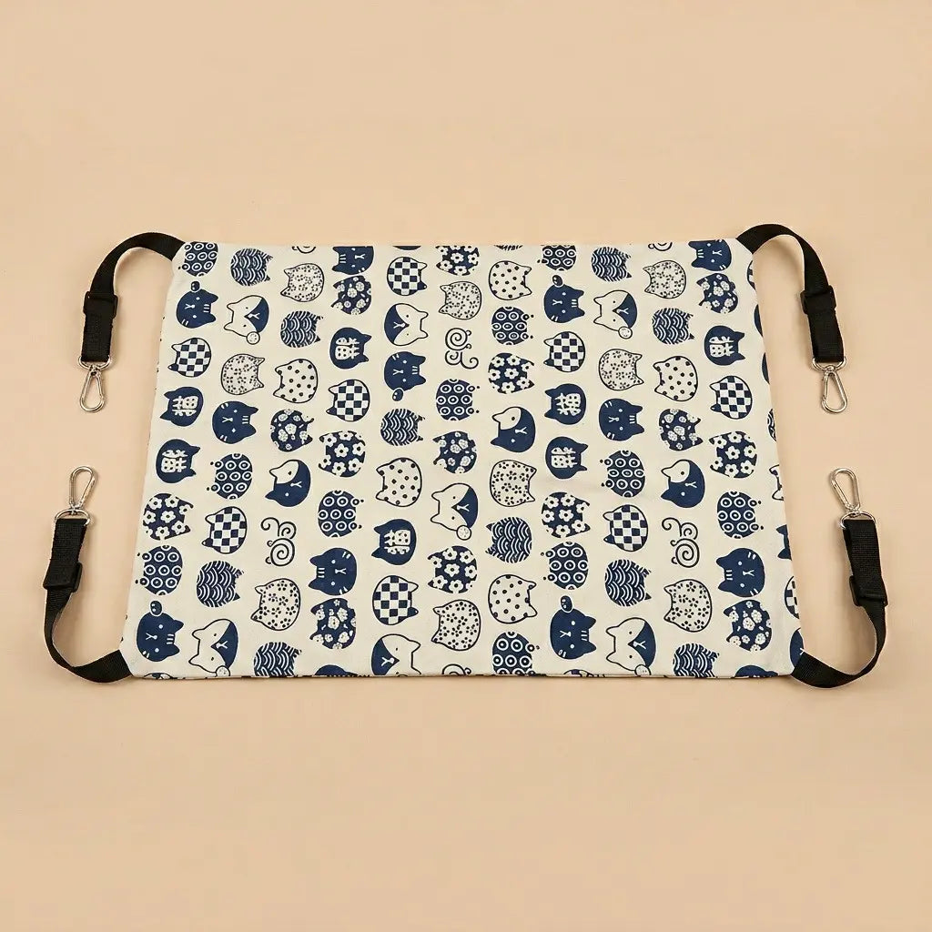 lit suspendu pour chat motif chat bleu et blanc avec sangles reglables et tissu resistant