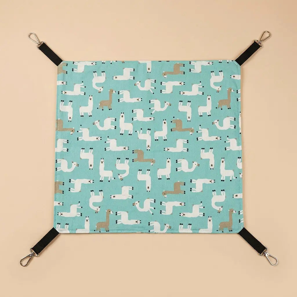 lit suspendu pour chat motif lama bleu confortable avec attaches solides