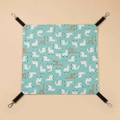 lit suspendu pour chat motif lama bleu confortable avec attaches solides