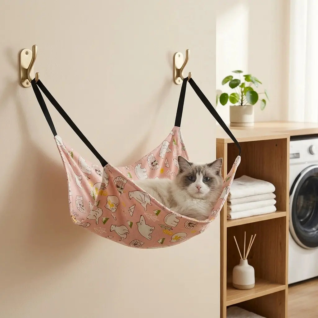 lit suspendu pour chat fixation murale avec tissu rose et chat allonge dans un hamac confortable