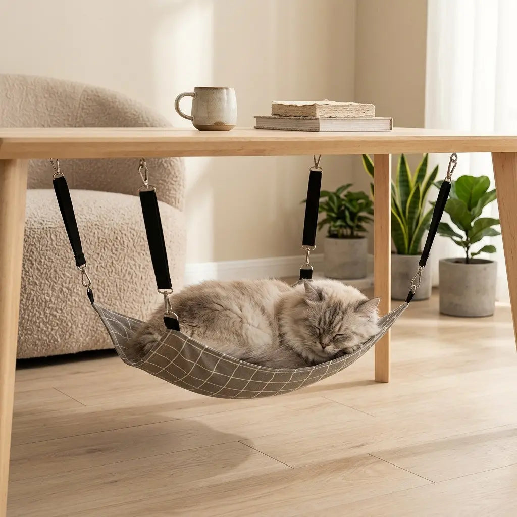 lit suspendu pour chat sous table avec tissu gris et chat en train de dormir confortablement