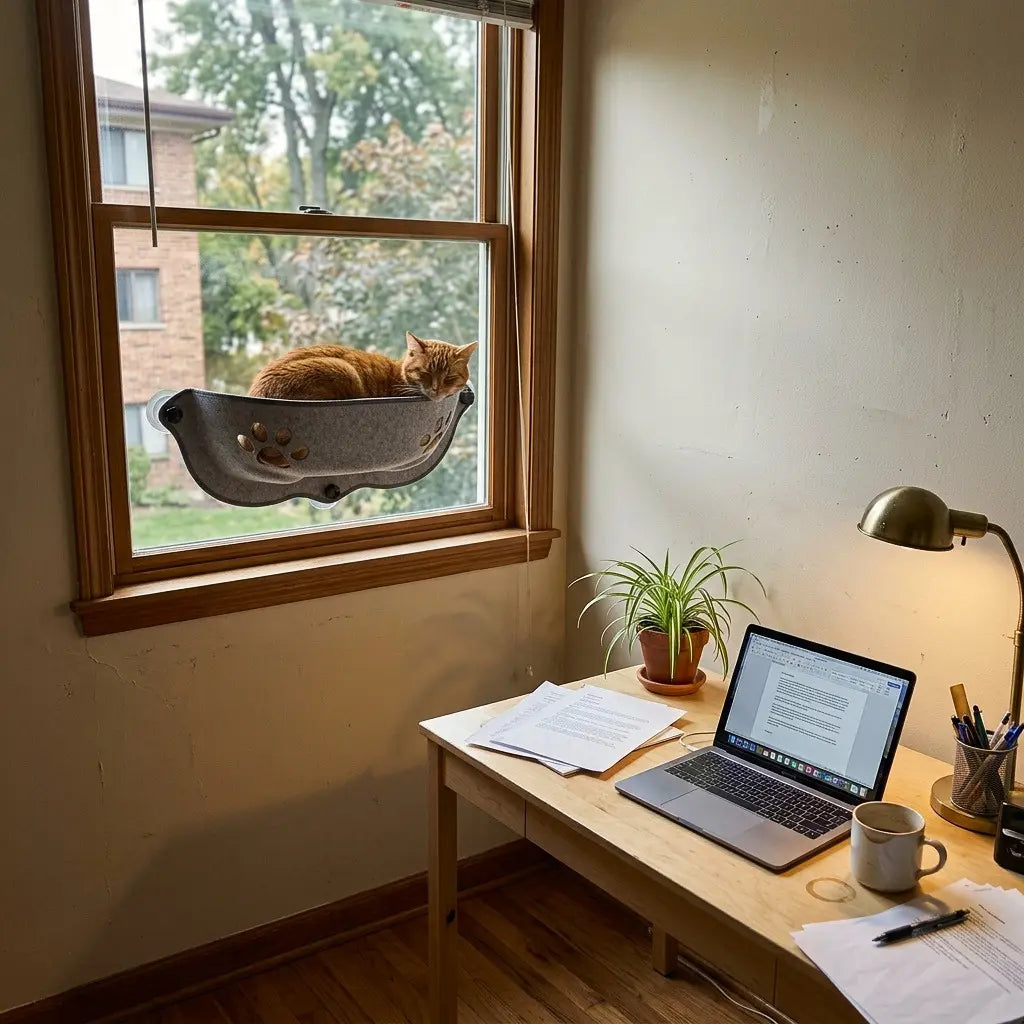 panier chat fenetre avec fixation ventouse ideal pour bureau offrant confort et vue en hauteur pour le chat