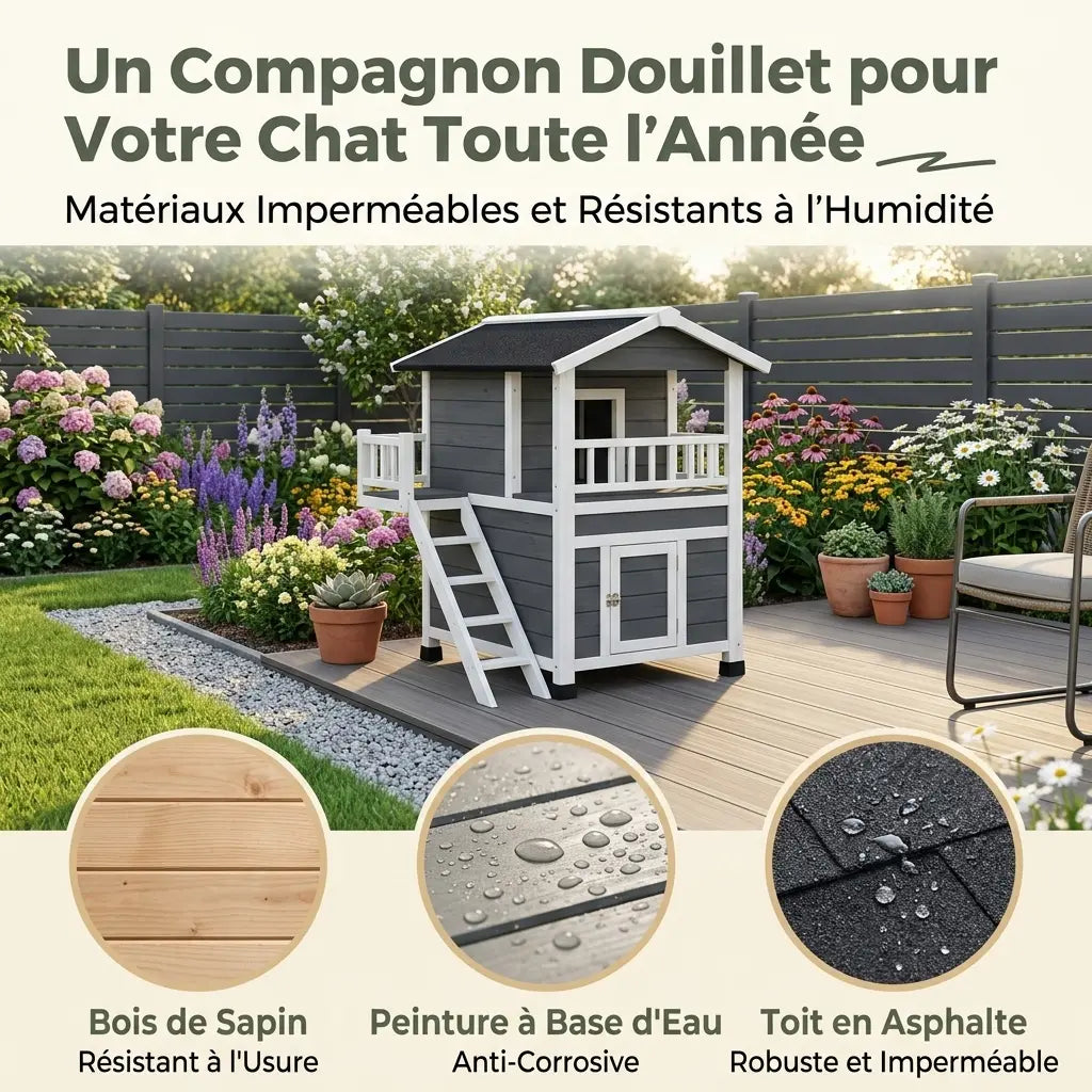 Maison chat extérieur 2 niveaux conçue avec matériaux résistants à l’eau pour un confort optimal toute l’année.