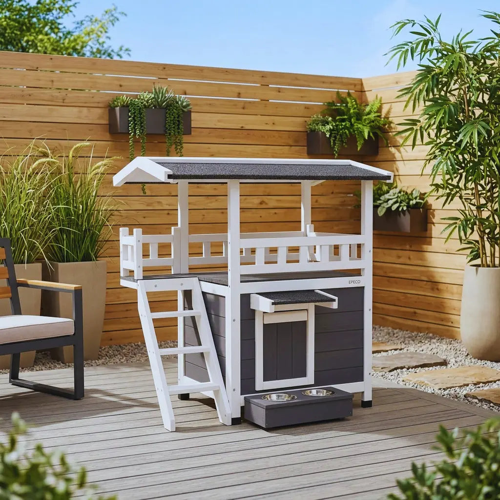 Maison pour chat extérieur à 2 niveaux installée sur une terrasse moderne avec espace de repos en hauteur.