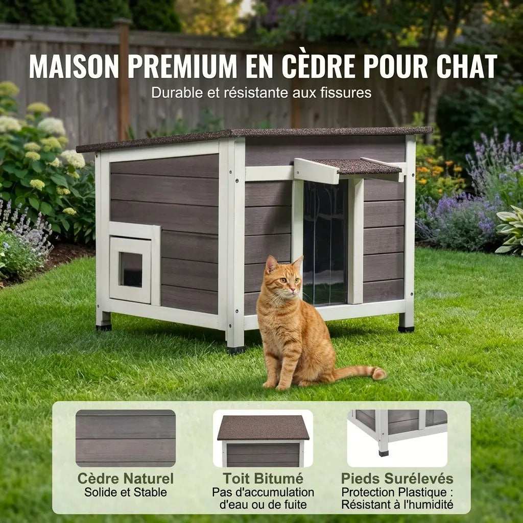 Maison chat extérieur en cèdre naturel avec structure robuste et protection contre les intempéries.