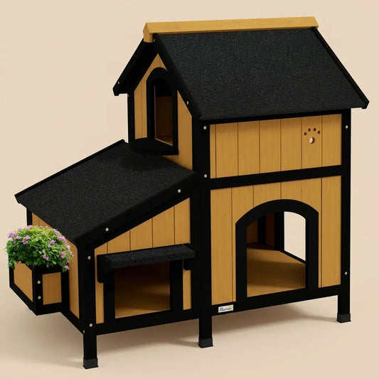 Maison chat extérieur été en bois avec plusieurs espaces de repos et toit imperméable pour chats.