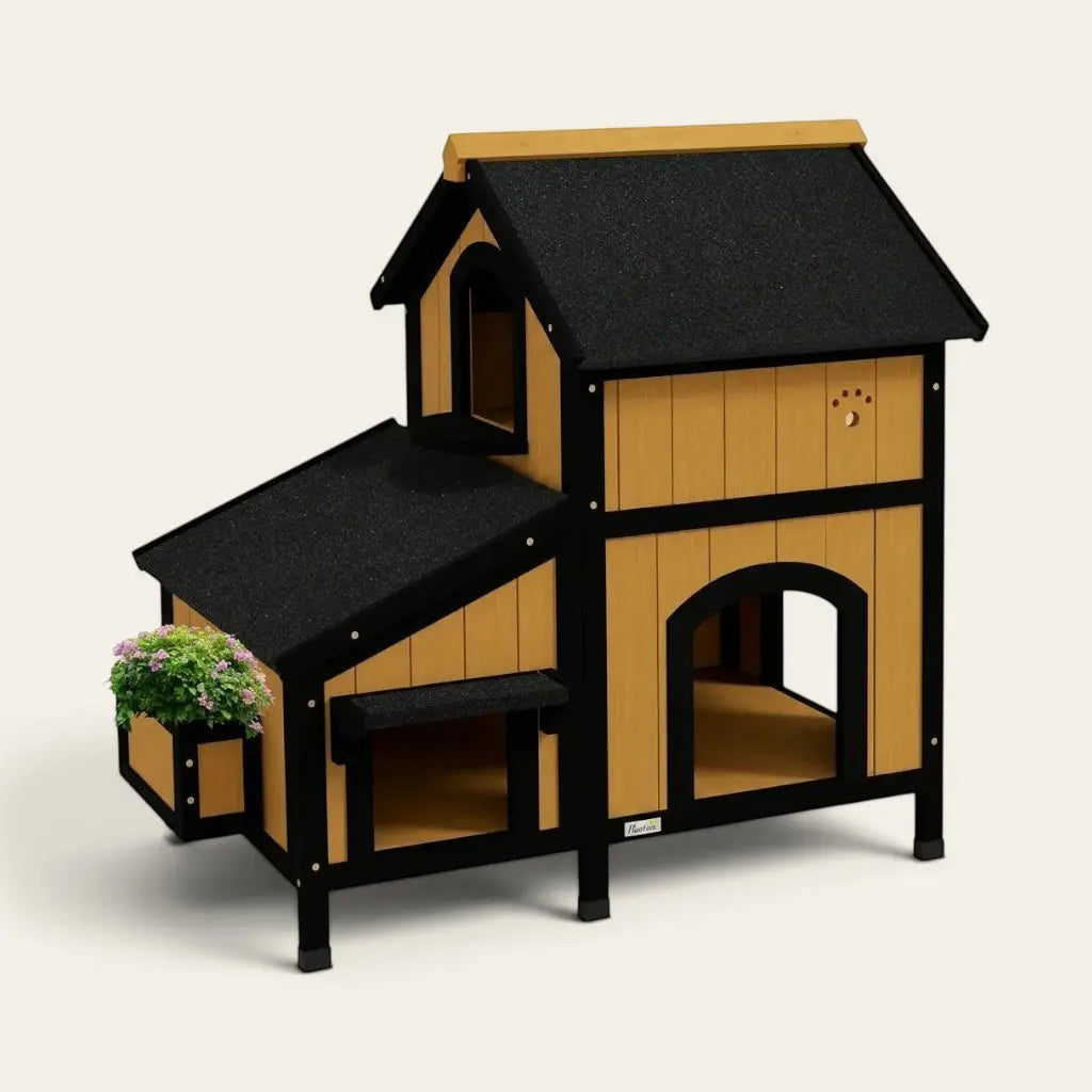 Maison pour chat d’extérieur idéale pour l’été avec espaces ouverts, abri surélevé, double niveau de repos, toiture protectrice et excellente circulation de l’air pour le confort de votre compagnon.