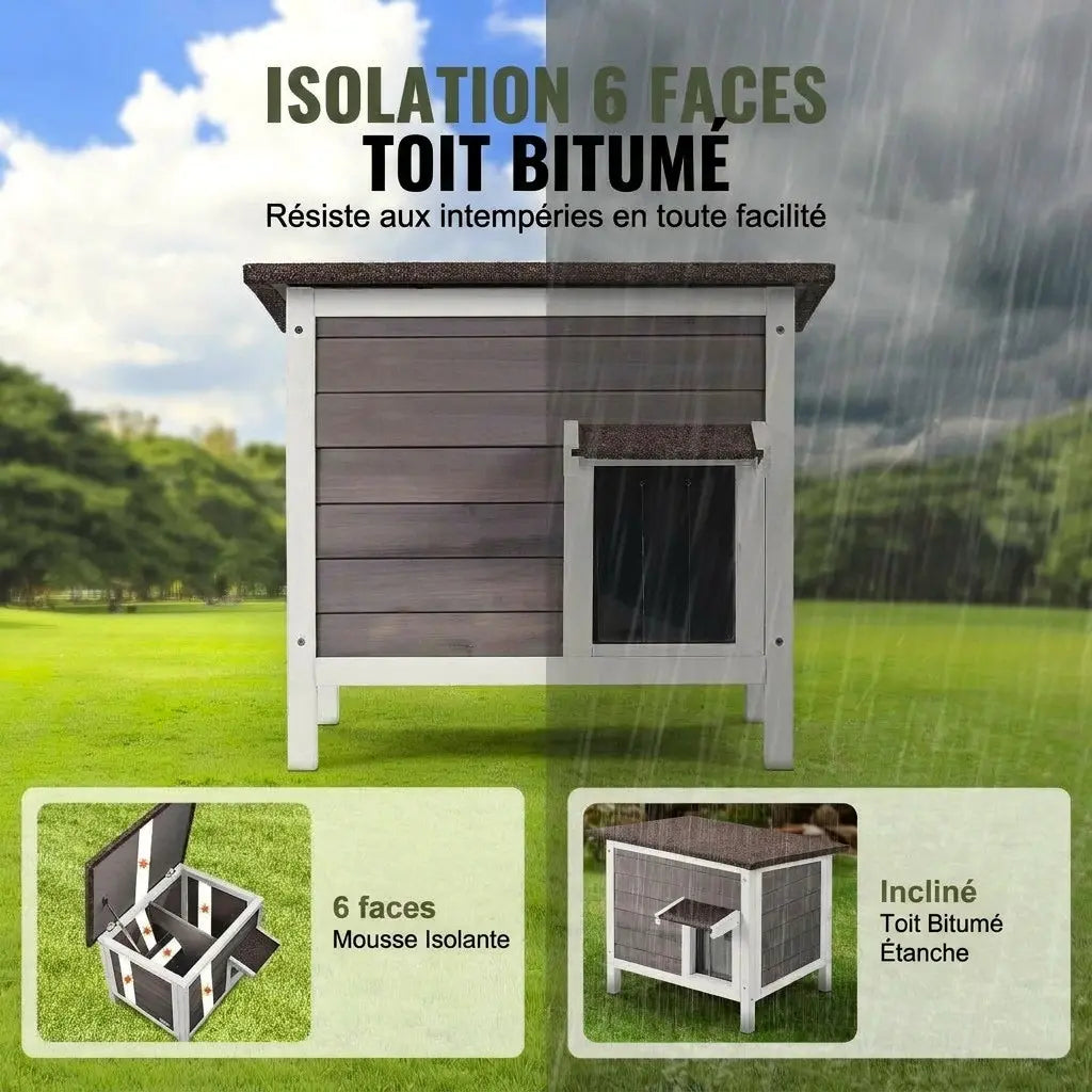 Maison chat extérieur toute saison avec isolation 6 faces et toit bitumé résistant aux intempéries.