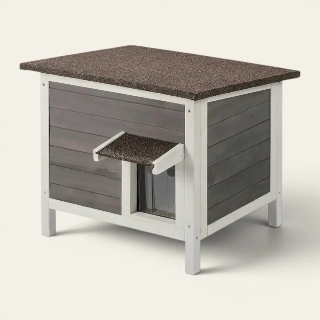 Maison chat extérieur toutes saisons avec toit protecteur et entrée couverte, idéale pour offrir un abri confortable en extérieur.