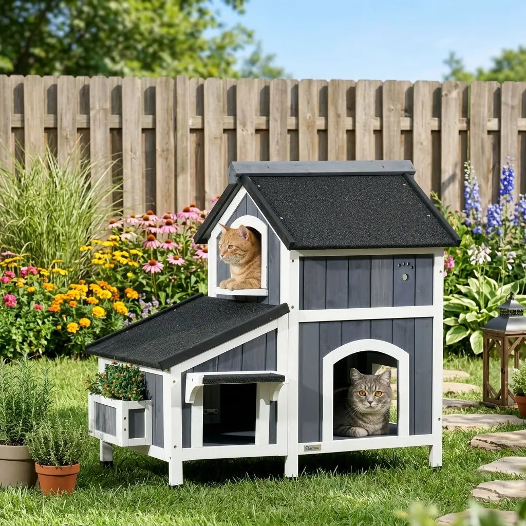 Maison chat jardin en bois imperméable avec espaces surélevés et design adapté aux chats d’extérieur.