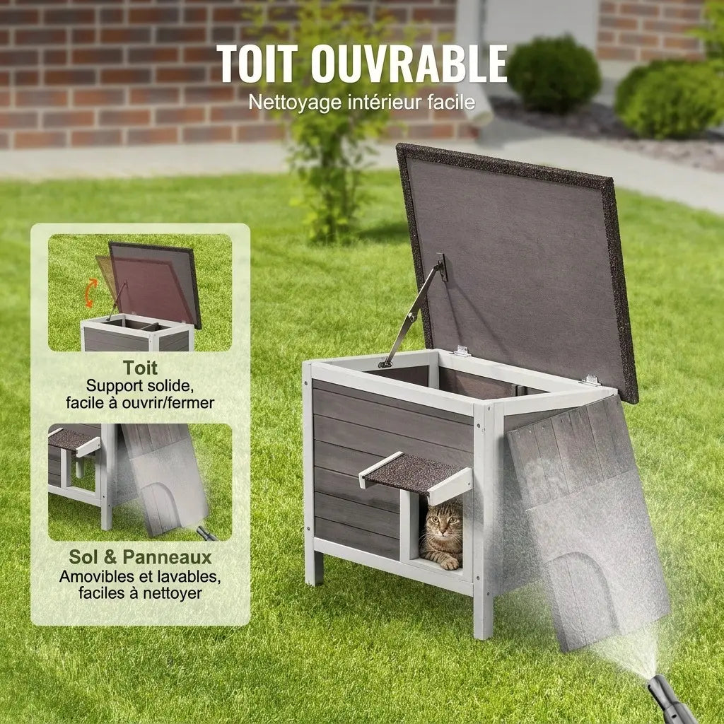 Maison chat extérieur avec toit ouvrable et panneaux amovibles pour un nettoyage intérieur facile.