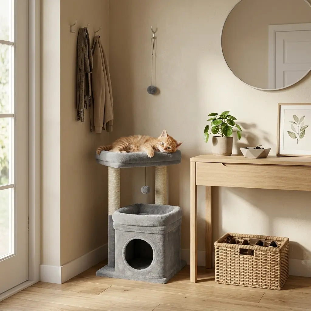 arbre à chat mini gris avec niche ronde couchage supérieur et jouets suspendus dans une entrée