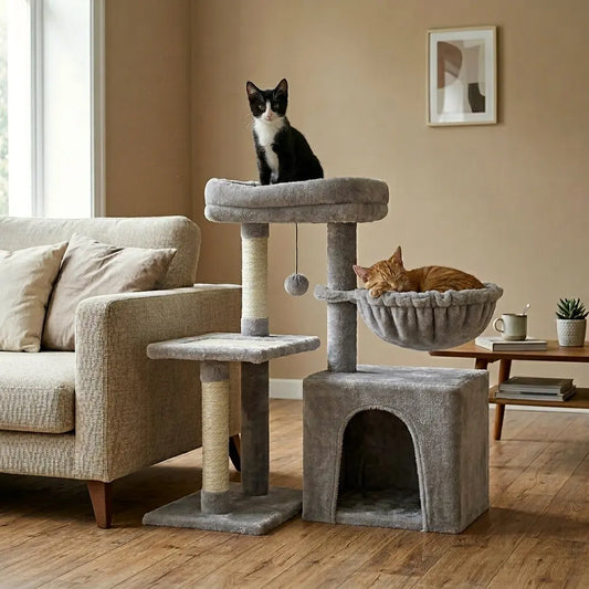 mini arbre à chat gris avec niche carrée hamac latéral plateforme d’accès poteaux en sisal et couchage supérieur confortable