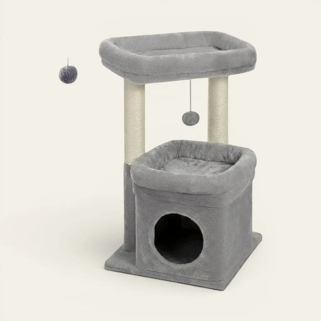 Mini arbre à chat gris avec niche confortable, couchage supérieur moelleux et poteaux à griffes
