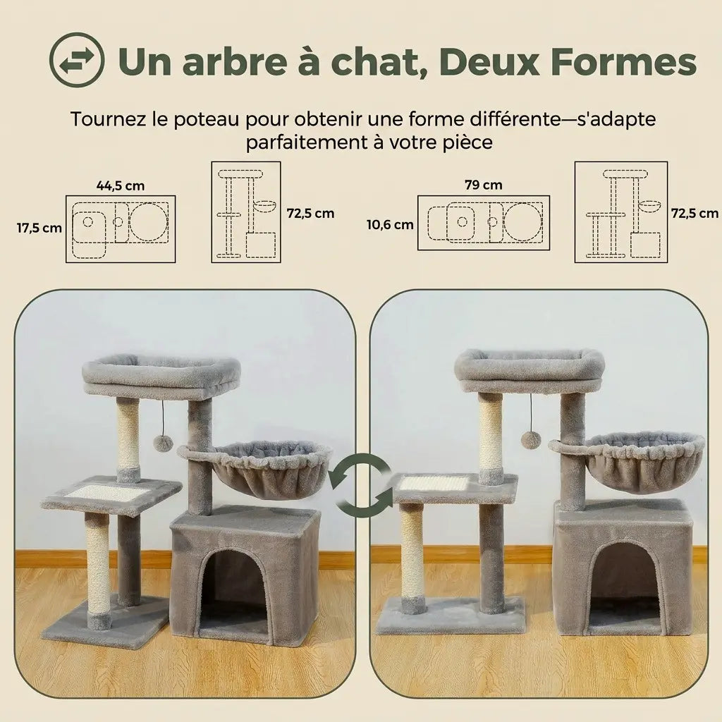 mini arbre à chat modulable gris 2 en 1 avec deux configurations possibles niche hamac plateforme griffoir et panier supérieur