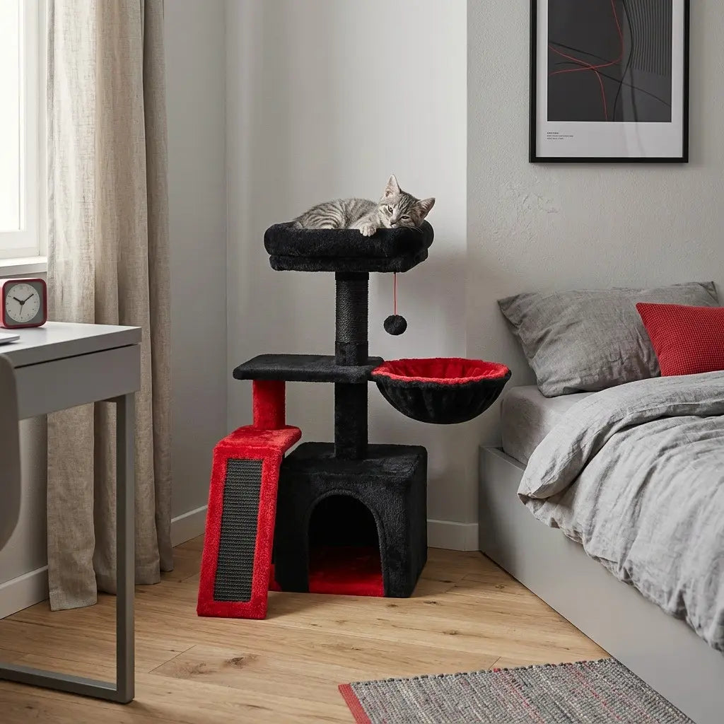 mini arbre à chat noir et rouge avec niche hamac suspendu plateforme centrale rampe à griffer et panier supérieur rembourré
