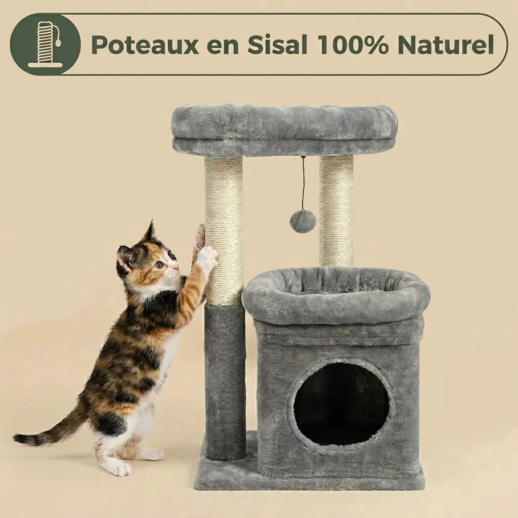 Mini arbre à chat gris avec poteaux en sisal 100 pour cent naturel et niche inférieure