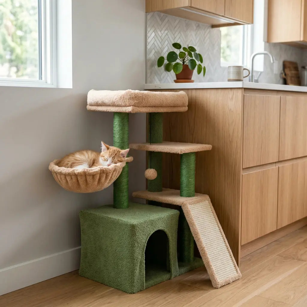 mini arbre à chat vert et beige avec niche au sol hamac latéral plateforme intermédiaire rampe de griffage et couchage supérieur