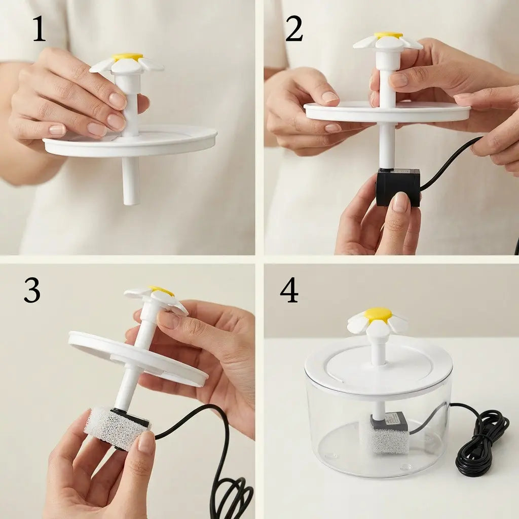 Étapes de montage de la fontaine à eau électrique pour chat avec pompe et filtre