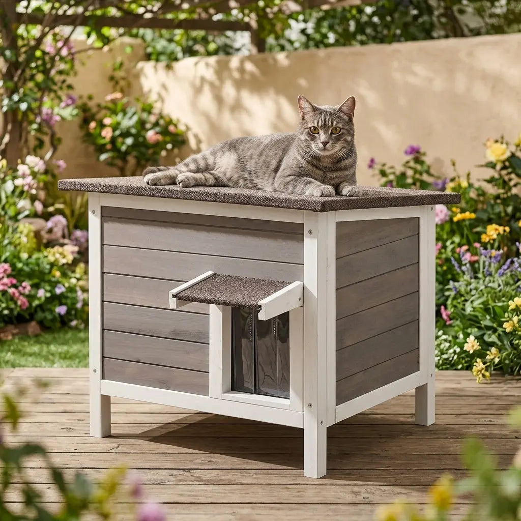 Niche chat bois extérieur premium avec toit bitumé et pieds surélevés résistants à l’humidité.