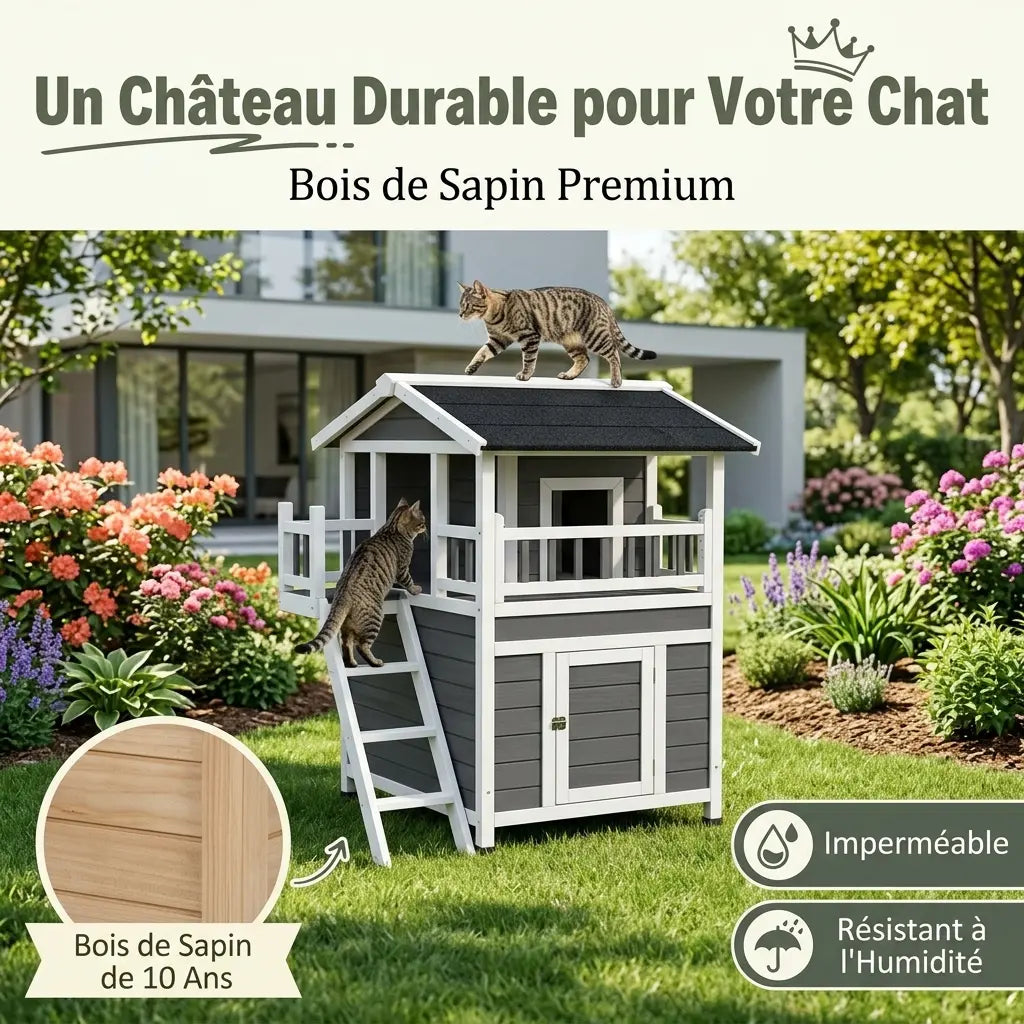 Niche chat extérieur 2 niveaux en bois imperméable avec toit résistant à l’humidité et terrasse sécurisée.