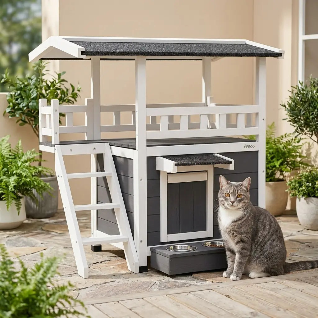 Niche chat extérieur 2 niveaux avec terrasse surélevée et échelle en bois pour offrir confort et espace au chat.