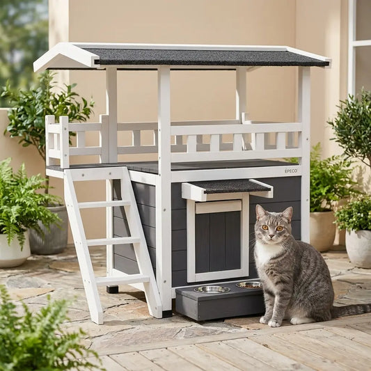 Niche chat extérieur 2 niveaux avec terrasse surélevée et échelle en bois pour offrir confort et espace au chat.