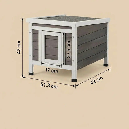 Niche chat extérieur en bois gris avec entrée sécurisée et structure résistante pour jardin.