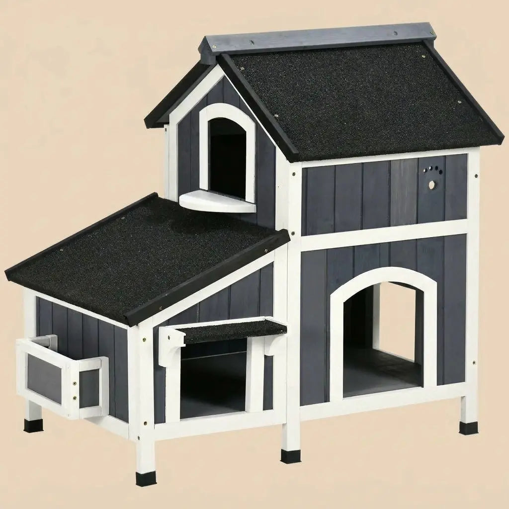 Niche chat extérieur double espace avec étage supérieur et abri inférieur en bois robuste.